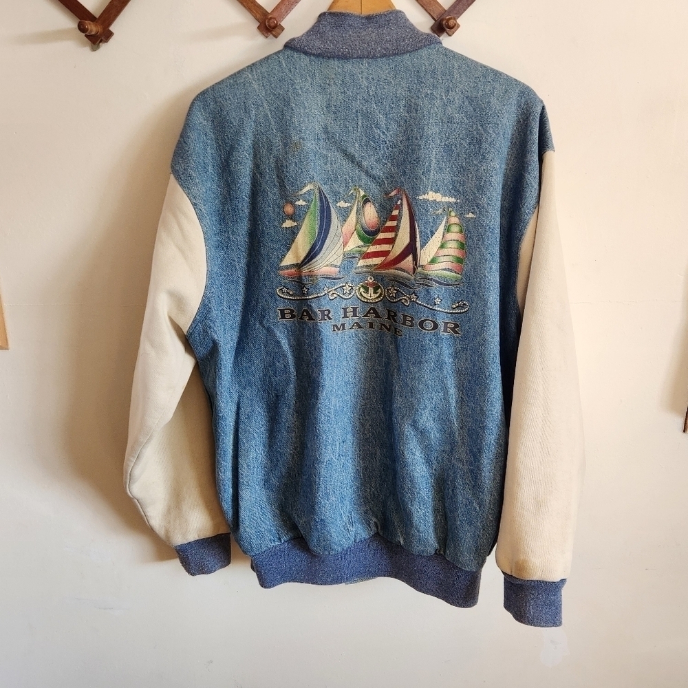Vintage Varisty Jacket Denim Cotton Maine Blue Cream Large L - Picture 2 of 11